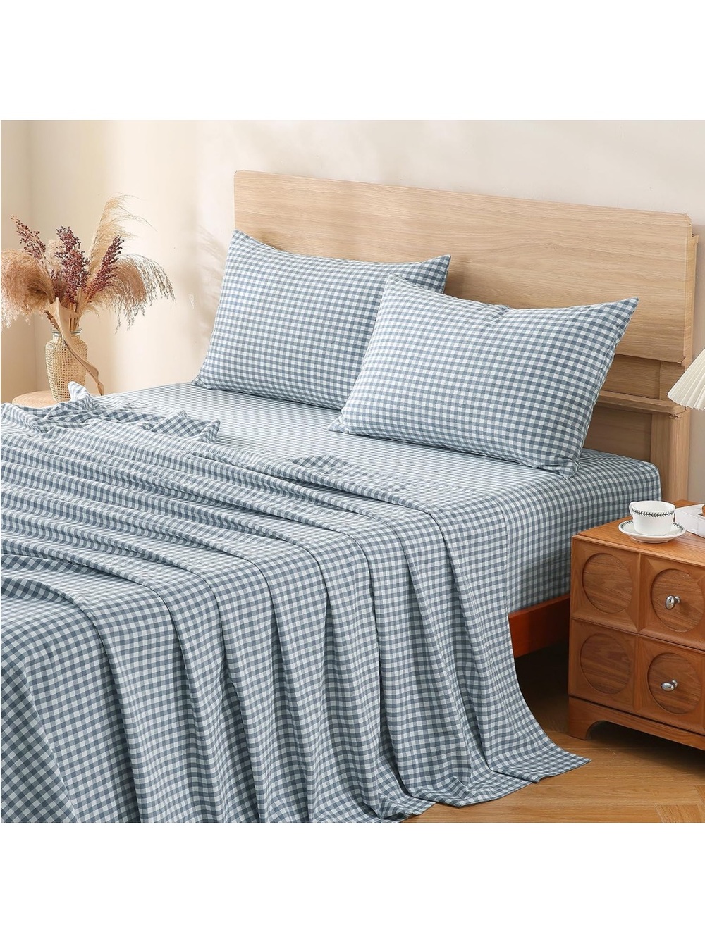NEW TOCOMOA Pale Blue Gingham Sheets Set 100% Washed Cotton, Linen-Like Queen